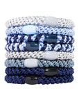 L. Erickson Grab & Go Ponytail holders. Blue hair ties including light blue, navy blue, and silvers.