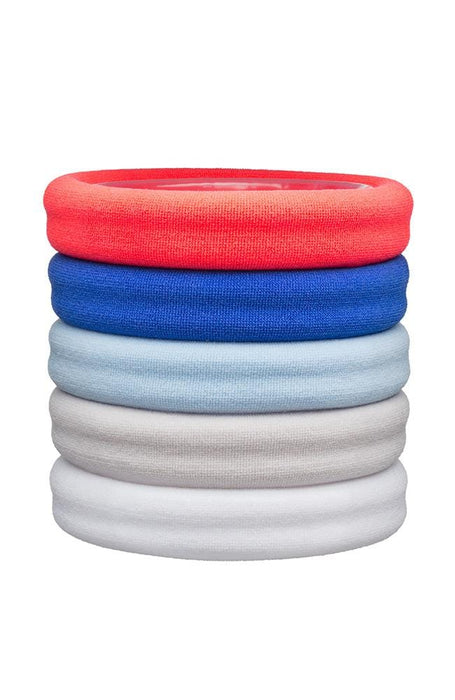 Thick workout hair ties, Colorful Sport Ponytail Pack by L. Erickson. Hair bands include: orange, blue, light blue, grey, white