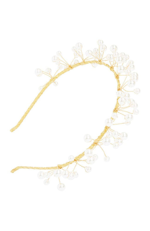 Pearl Vine Headband by L. Erickson features elegant pearls on fine gold wires across a gold tone thin headband.