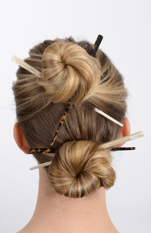 Alba White and Tokyo Hair Pin Sticks holding bun in hair, pair of hair pins by France Luxe