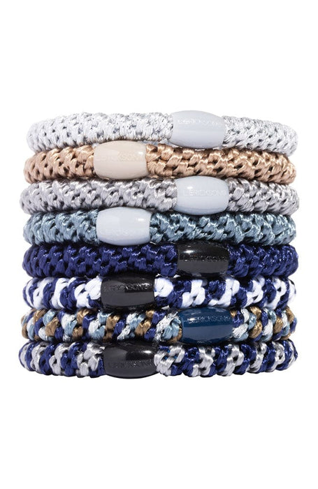 L. Erickson Grab & Go Ponytail holders. Blue hair ties include metallic white, beige, silver, slate, navy, navy stripes.