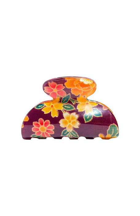 Little claw hair clip with floral and purple acetate laminate and spring closure, by France Luxe, front view
