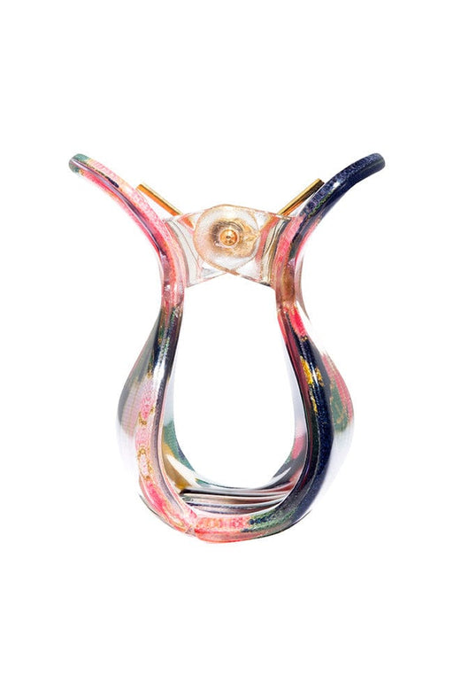 Little claw hair clip with floral and navy blue acetate laminate and spring closure, by France Luxe, side view