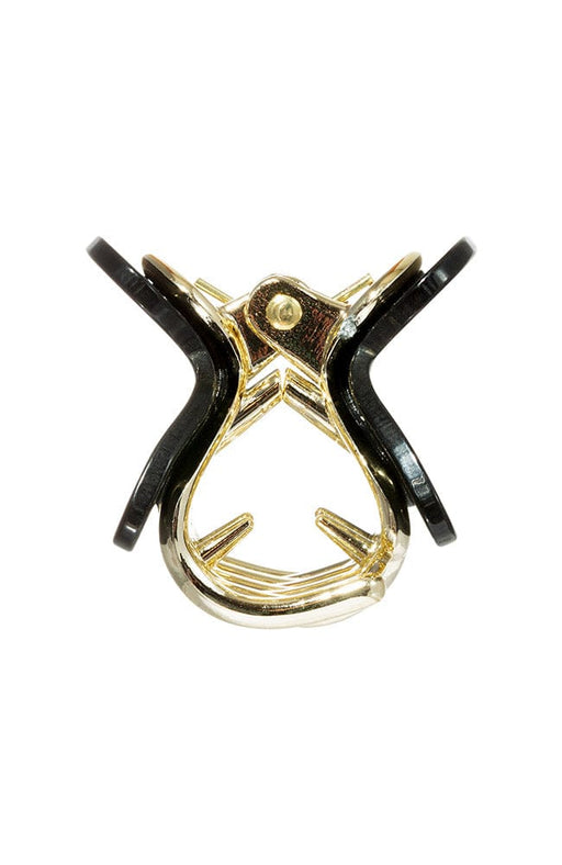 Side view of small black and gold hair clip by L. Erickson