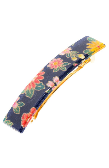 Floral Print on Navy Blue background, Kyoto Classic Rectangle Barrette by France Luxe