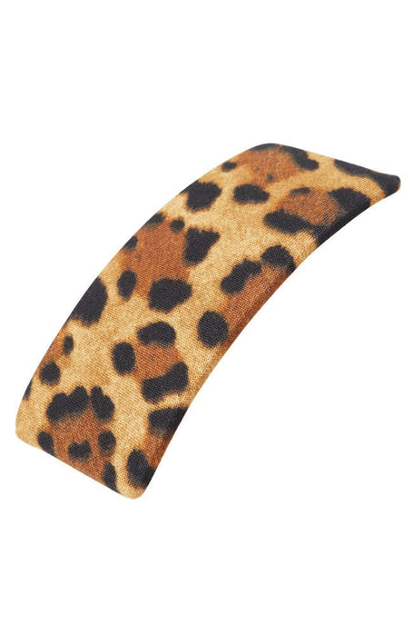 Luxe Leopard Print Cotton Covered Wide Barrette by L. Erickson USA, gold tone French barrette clasp