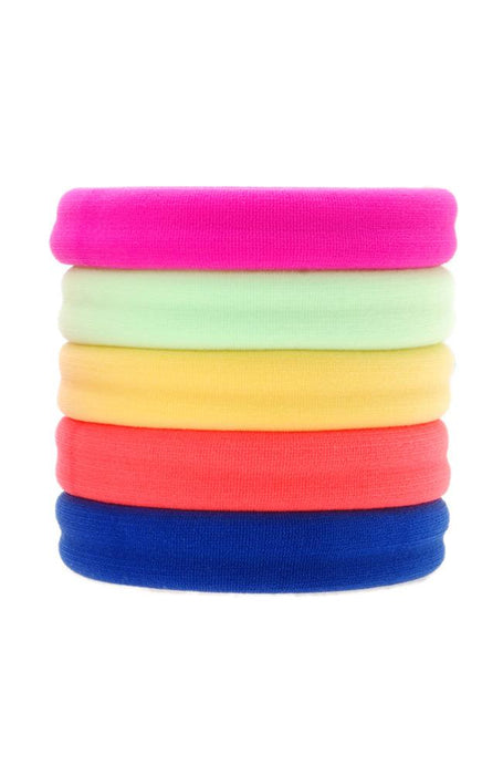 Thick workout hair ties, Colorful Neon Sport Ponytail Pack by L. Erickson. Hair bands include: hot pink, green, yellow, coral, royal blue