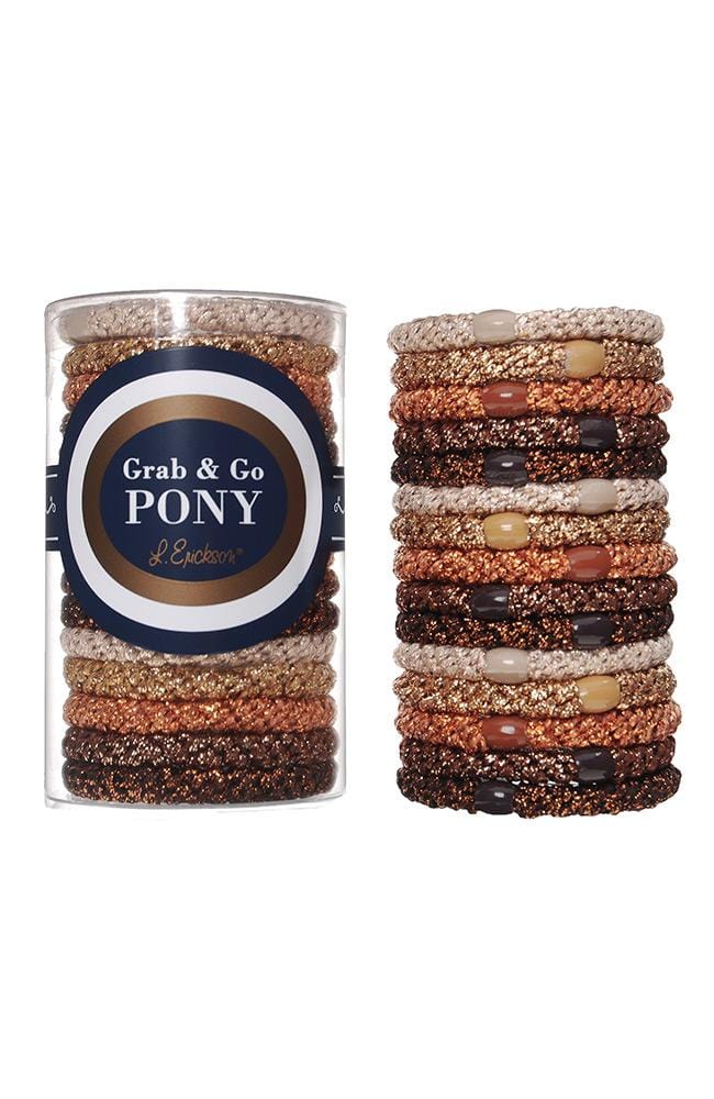 L. Erickson hair ties, 15 pack of Grab &amp; Go  Pony Tube, Thick, metallic beige, metallic, bronze, metallic gold, metallic espresso hair bands.