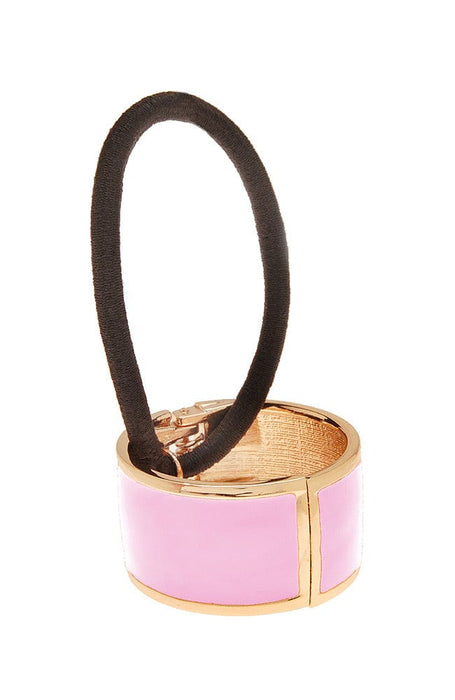 Hair Tie with decorative ponytail cuff by L. Erickson, gold and pink enamel