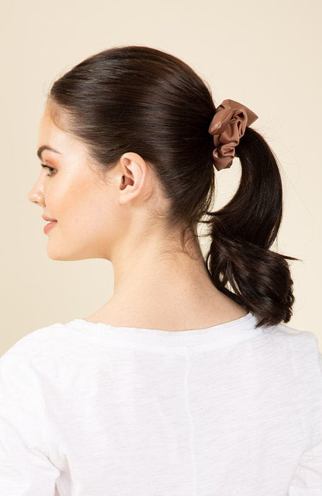 Cocoa Brown Satin Bow Ponytail Holder in dark brown hair