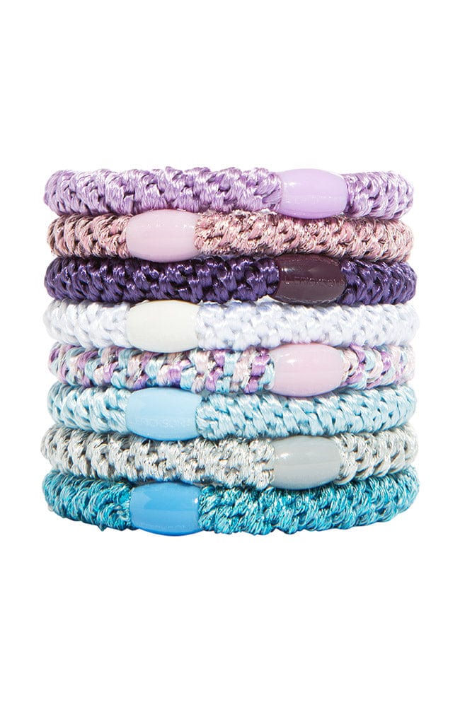 Thick, multi color hair ties by L. Erickson, 8 pack includes light purple, dark purple, white, light blue, silver