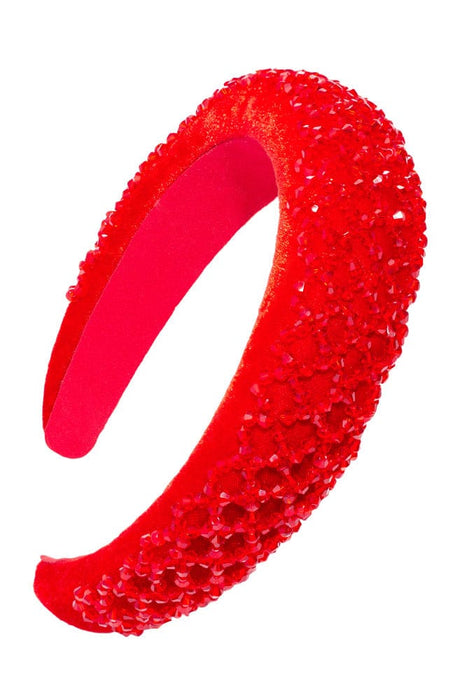 Red Velvet Headband with a lattice of beads across a wide padded band, Madison Ave Headband by L. Erickson
