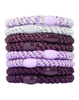 Thick, purple hair ties by L. Erickson, include light purple, dark purple, metallic purple, silver.