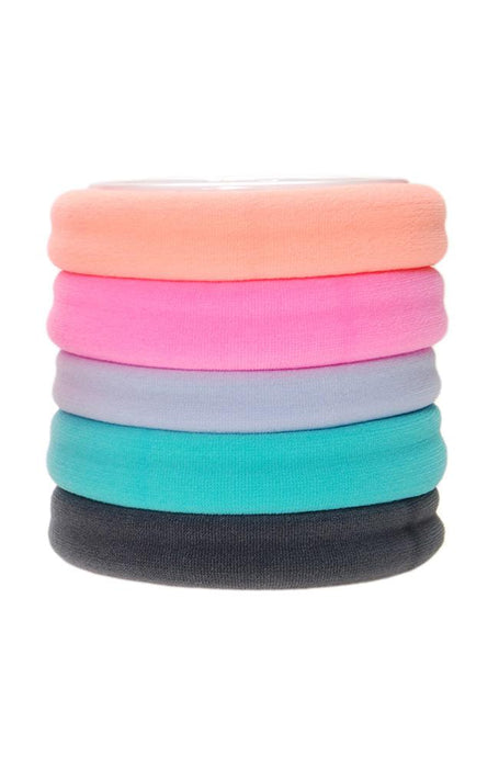 Thick workout hair ties, Colorful Sport Ponytail Pack by L. Erickson. Hair bands include: peach, pink, purple, teal, grey