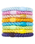 Thick, colorful hair ties by L. Erickson, include light blue, pink, beige, orange, bright blue, lime green, yellow, navy.