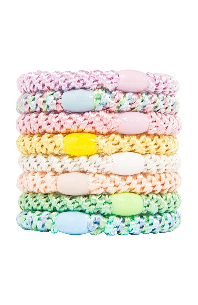 L. Erickson Grab &amp; Go Ponytail holders.  Pastel hair ties including light purple, pink, yellow, mint green, light blue, and white.