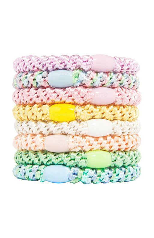 L. Erickson Grab & Go Ponytail holders.  Pastel hair ties including light purple, pink, yellow, mint green, light blue, and white.