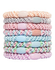 Thick, pastel hair ties by L. Erickson, 8 pack includes light peach, silver, light pink, light blue, light green.