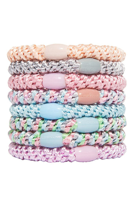 Thick, pastel hair ties by L. Erickson, 8 pack includes light peach, silver, light pink, light blue, light green.