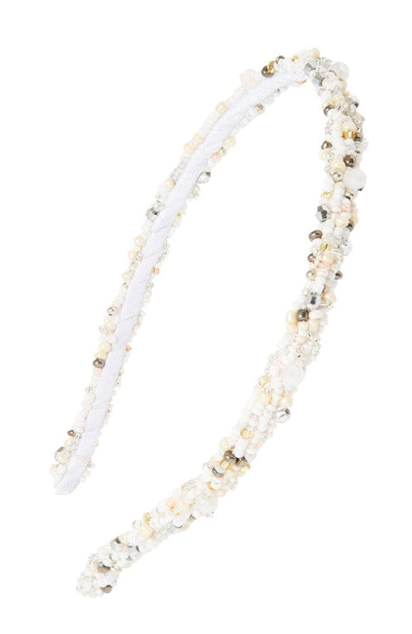 White, beaded headband by L. Erickson with silver and gold accents. 
